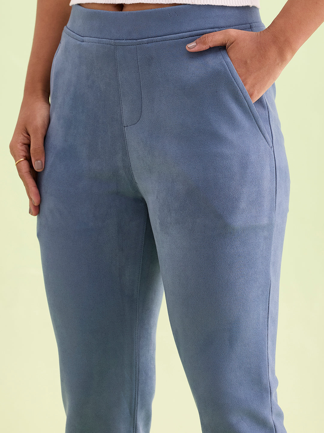 Go Colors Women Solid Dark Jean Blue Mid Rise Suede Treggings - view 2