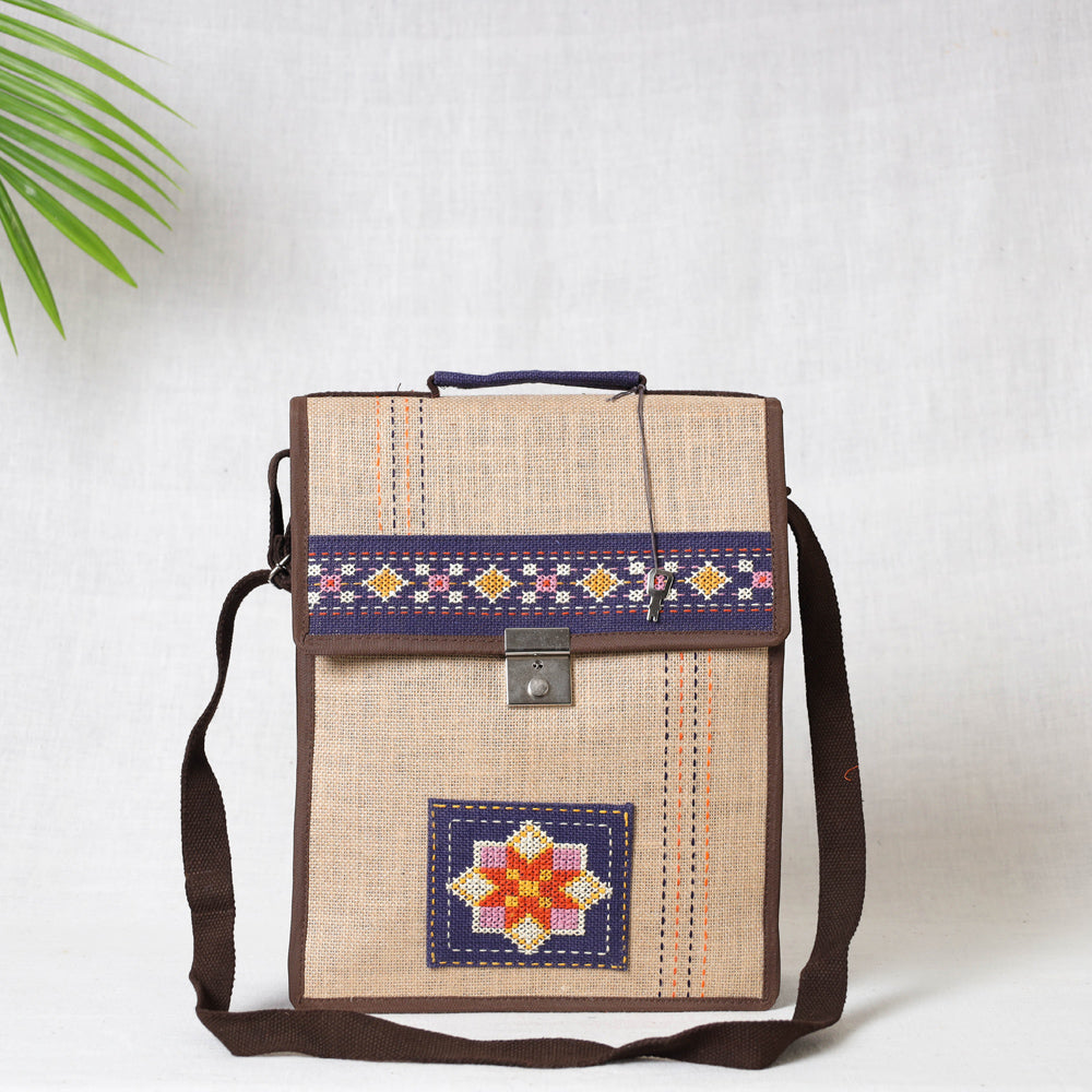 KAMLI Beige - Tribal Hand Embroidered Jute Office Sling Bag - view 2