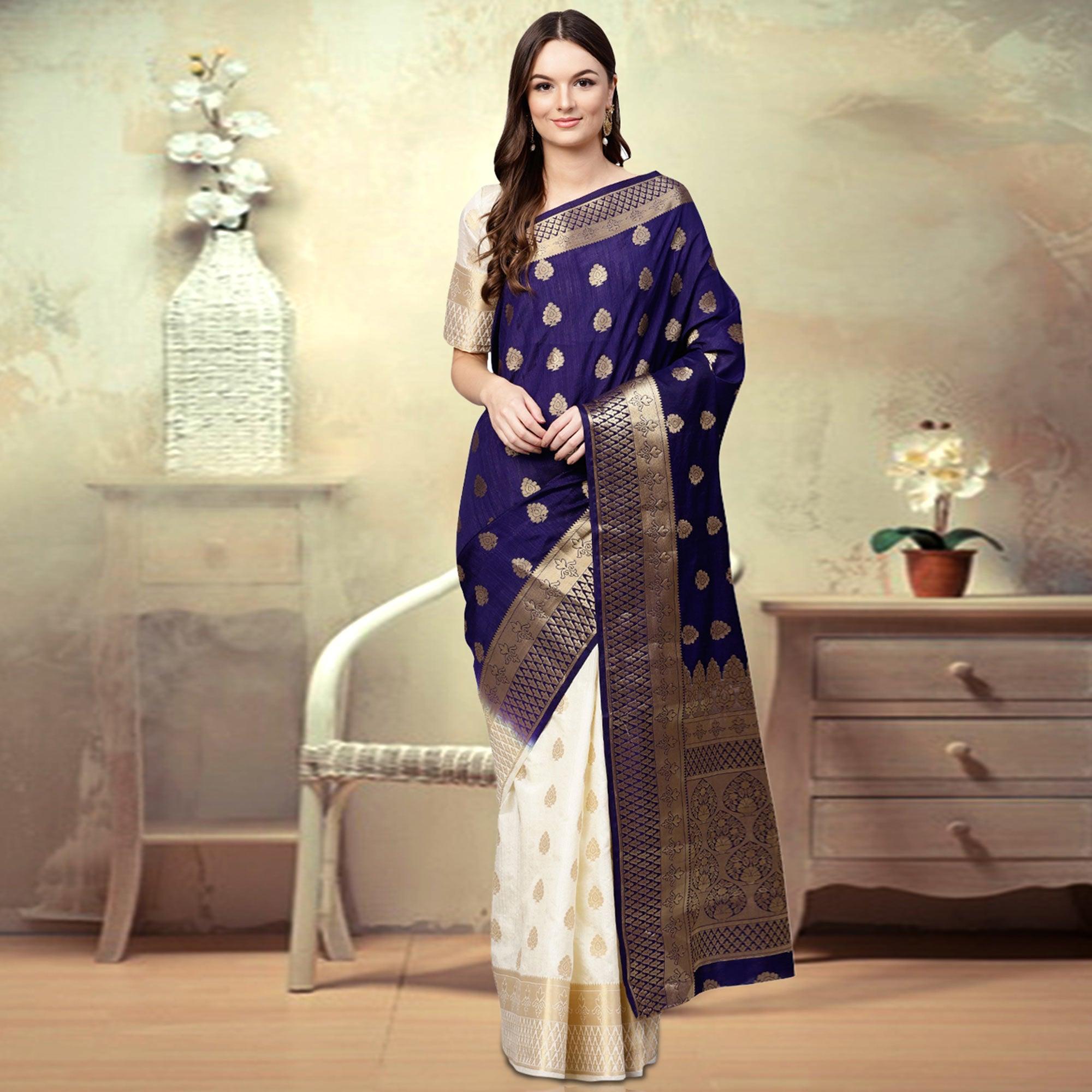Peachmode Delightful Navy Blue - White Colored Festive Wear Woven Silk Saree