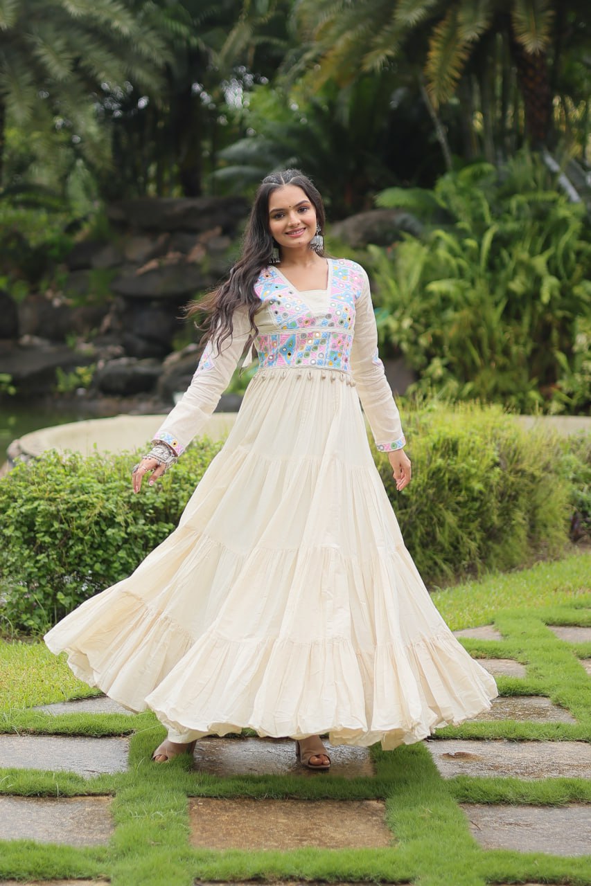 Clothsvilla White Kora Cotton Gown with Kutchi Gamthi Work and 4-Layer Frill Stitch