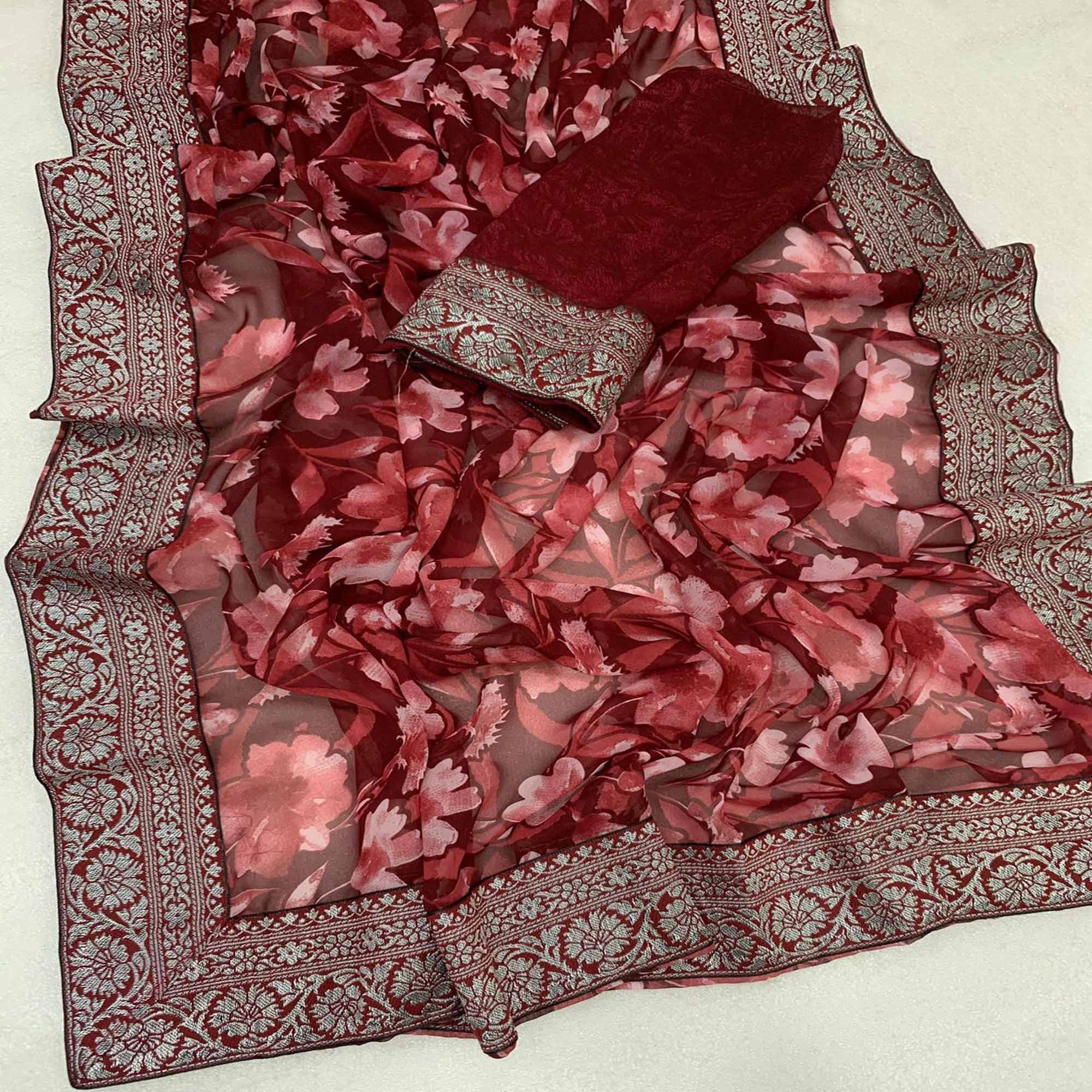 Peachmode Maroon Floral Printed Georgette Saree With Woven Border