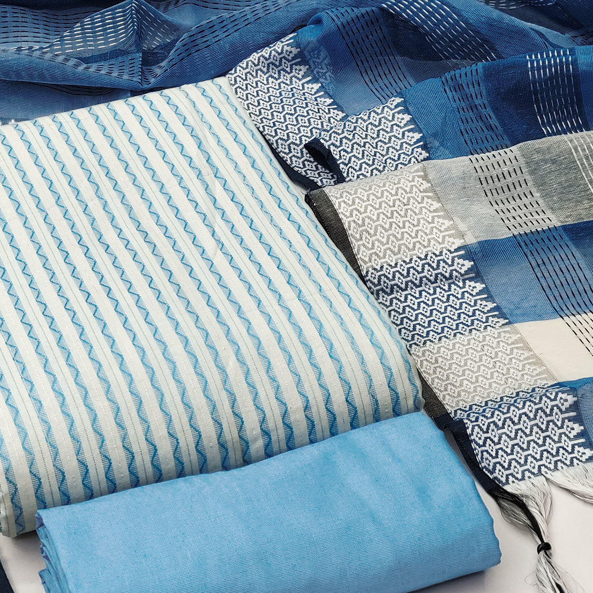 Peachmode Firozi Striped Printed With Woven Cotton Blend Dress Material - view 2