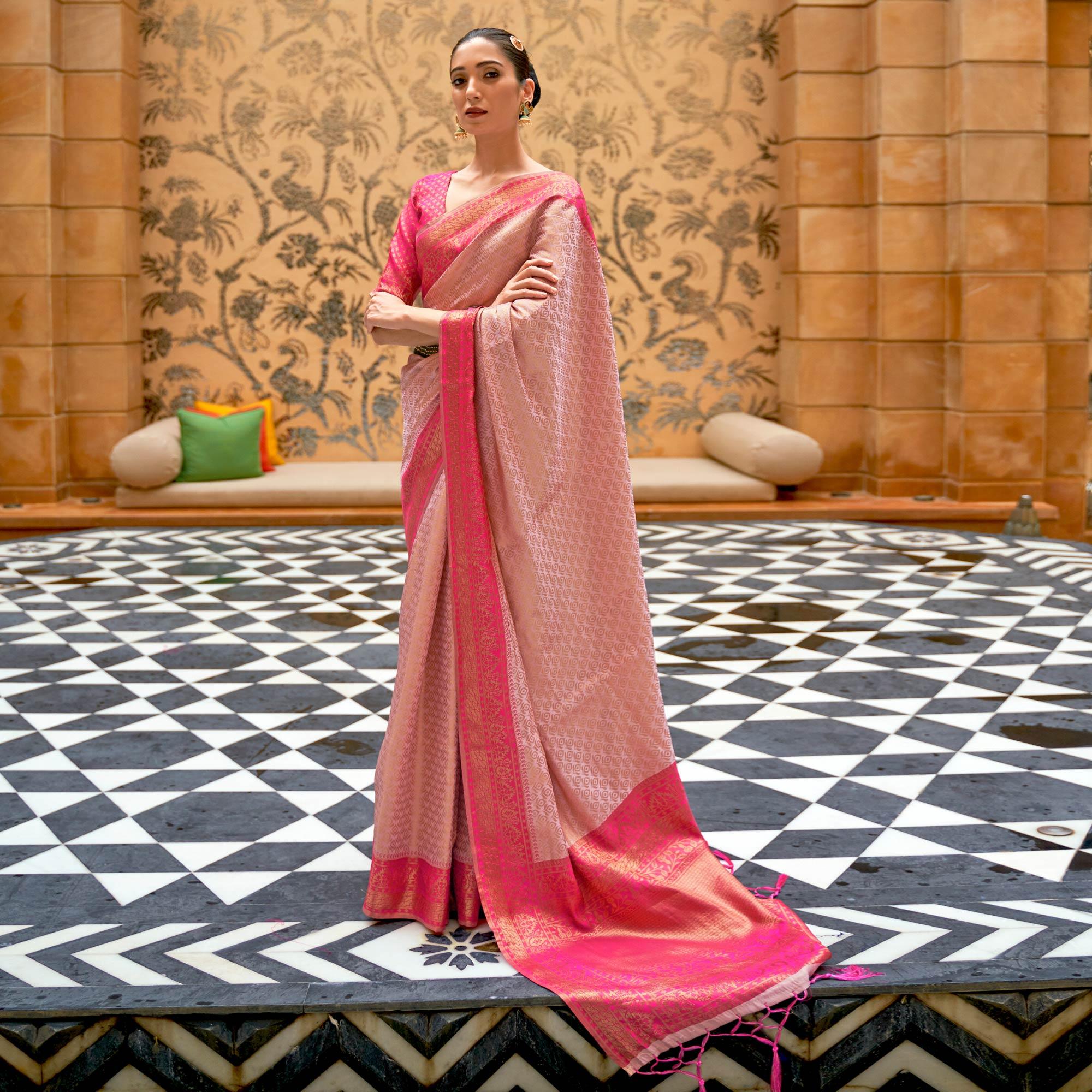 Peachmode Light Pink Partywear Zari Woven Pure Silk Saree