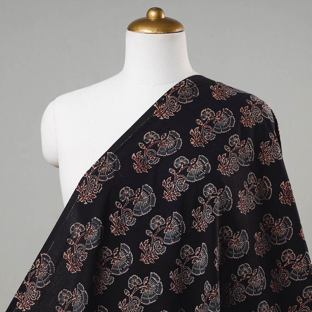 KACHCHH JI CHHAAP Black with Flower Motif Block Print Cotton Ajrakh Fabric