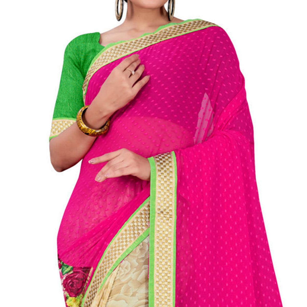 Peachmode Excellent Pink-Brown Colored Party Wear Floral Printed Georgette half-half Saree - view 2