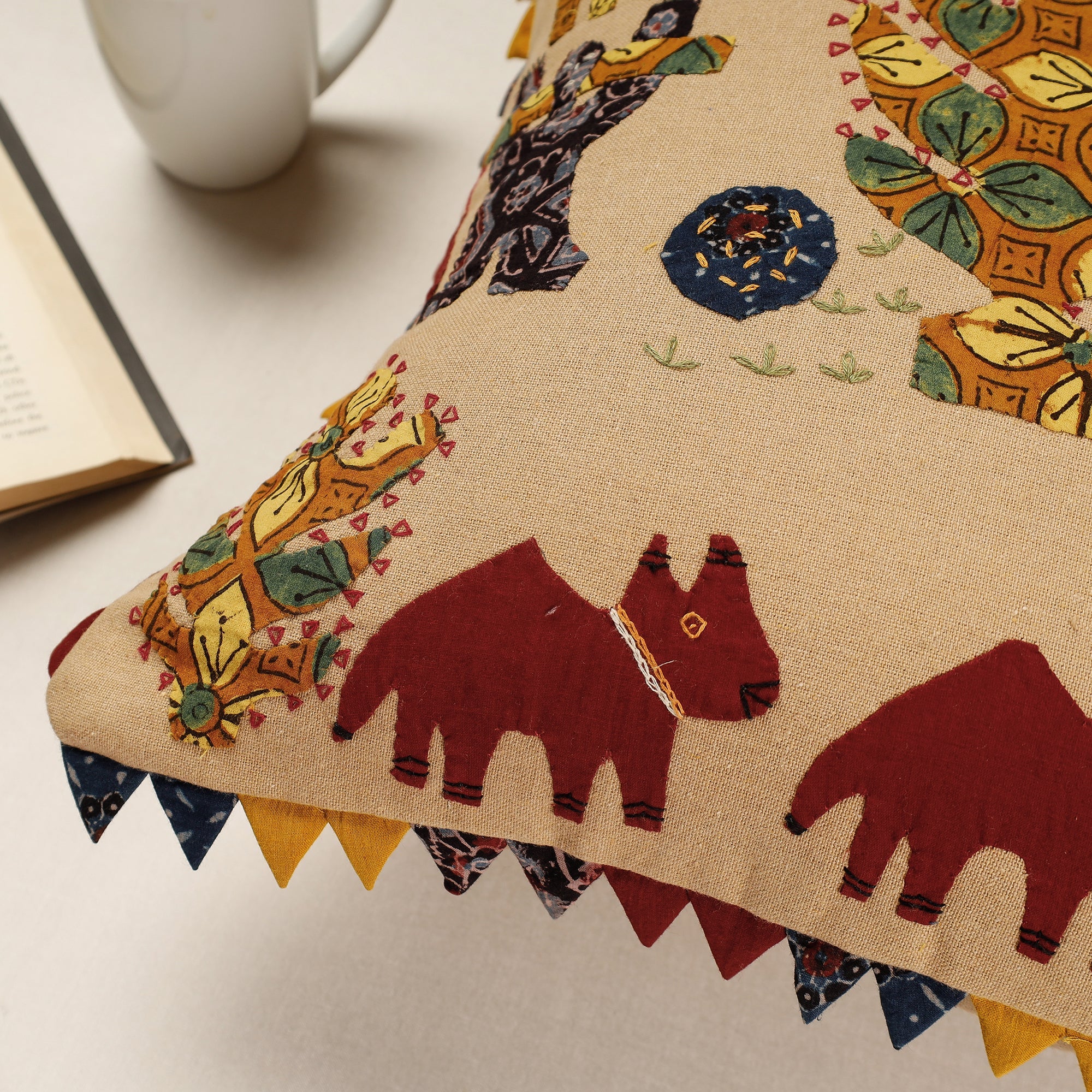 Beige - Kala Raksha Applique Cutwork Cotton Cushion Cover (16 x 16 in) - view 2