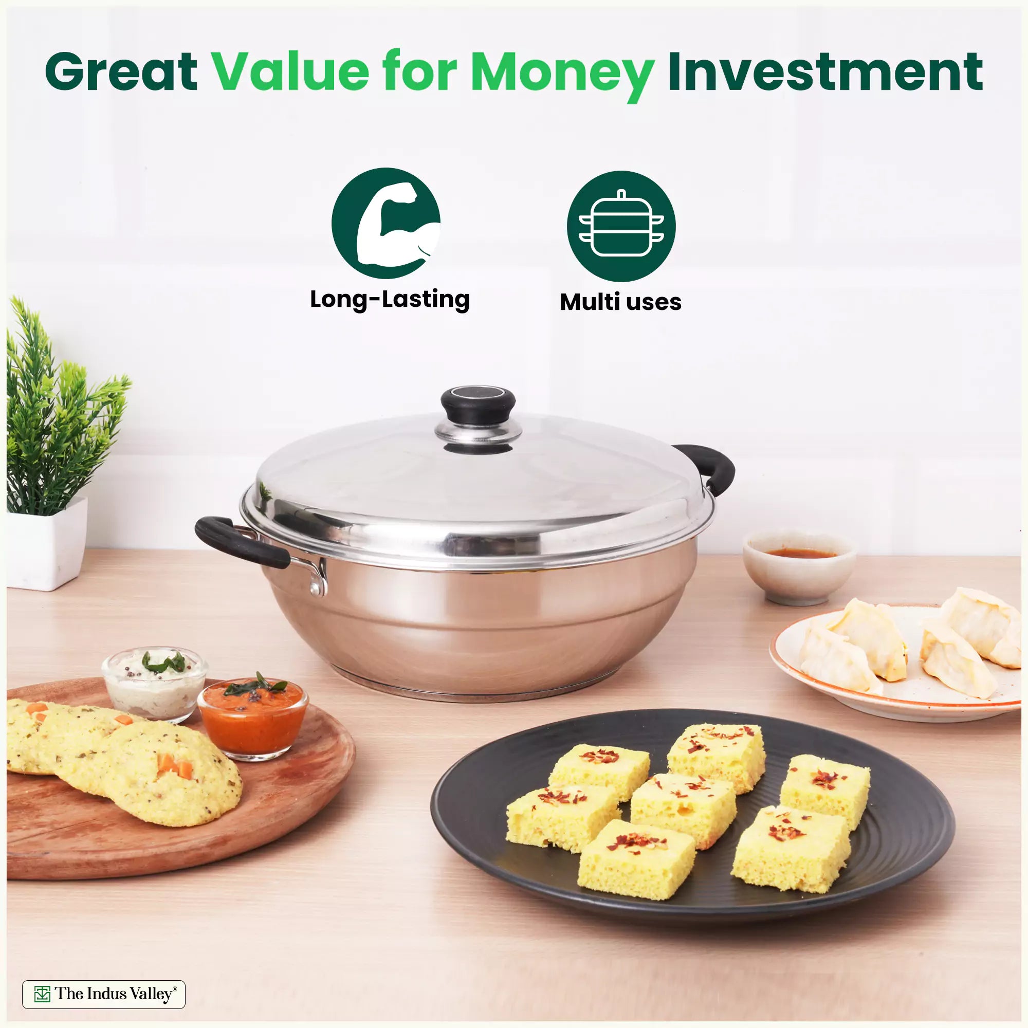The Indus Valley Tri-Steel Premium Stainless Steel Idli/ Dhokla/ Momo Maker/ Multi Pot/ Veg Steaming Set, Tri-ply Induction Bottom, 7 pit, 5 Plates, 4 - view 4
