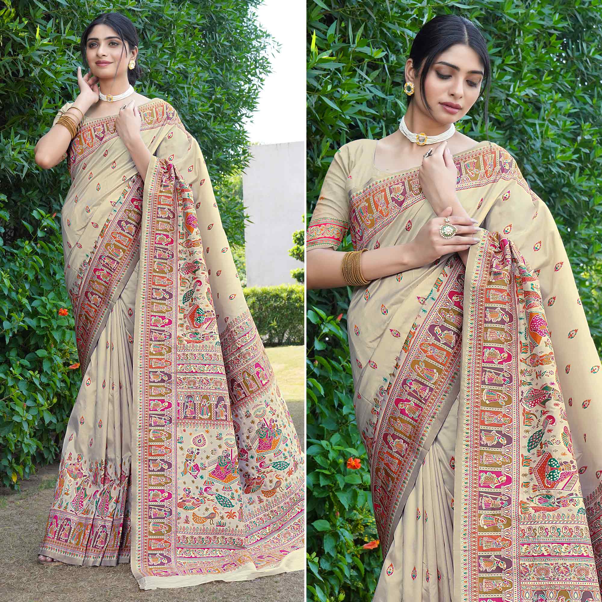 Peachmode Cream Woven Pure Silk Saree – Women's