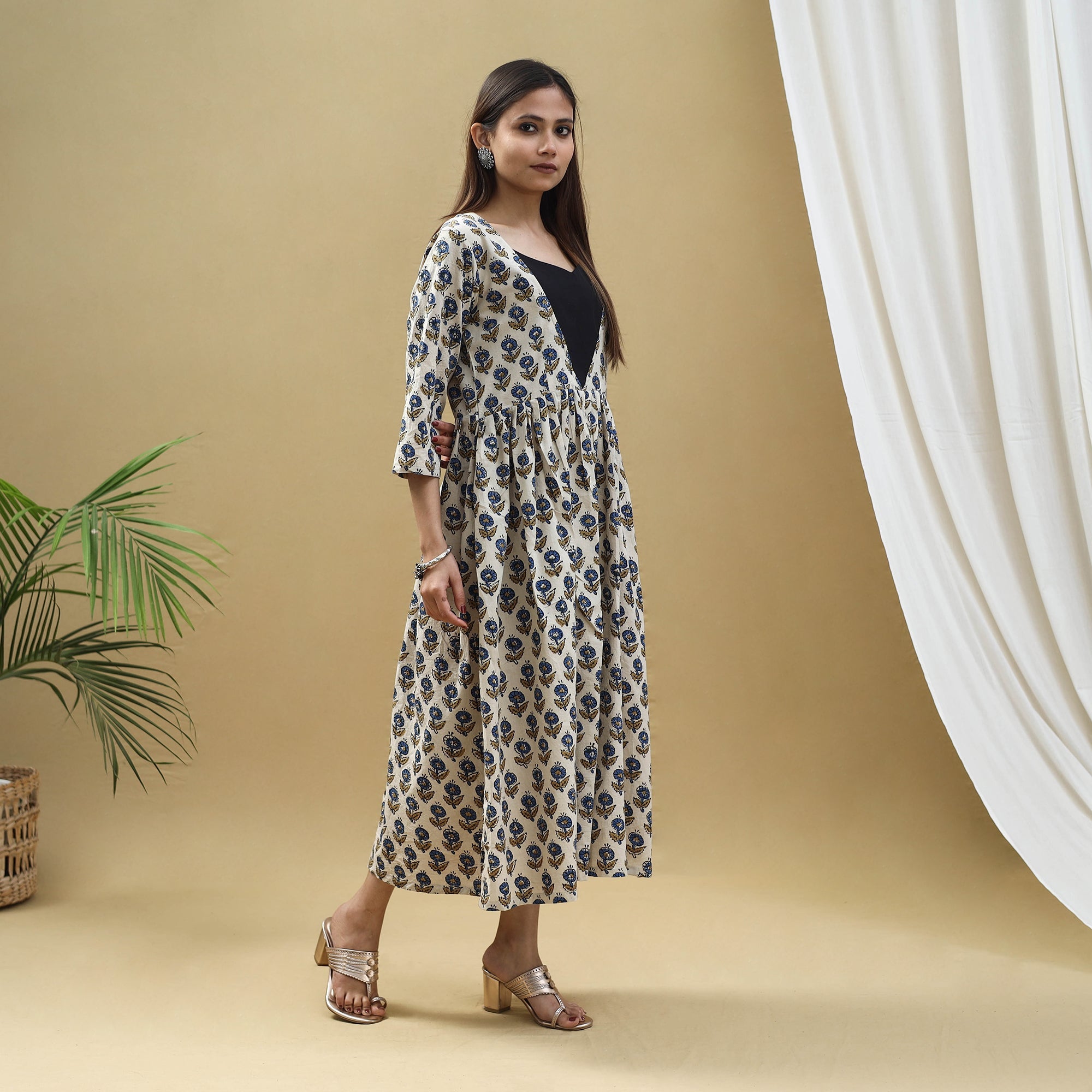 ITOKRI CASUALS Beige - Block Print Cotton Flared Ajrakh Dress 09 - view 3