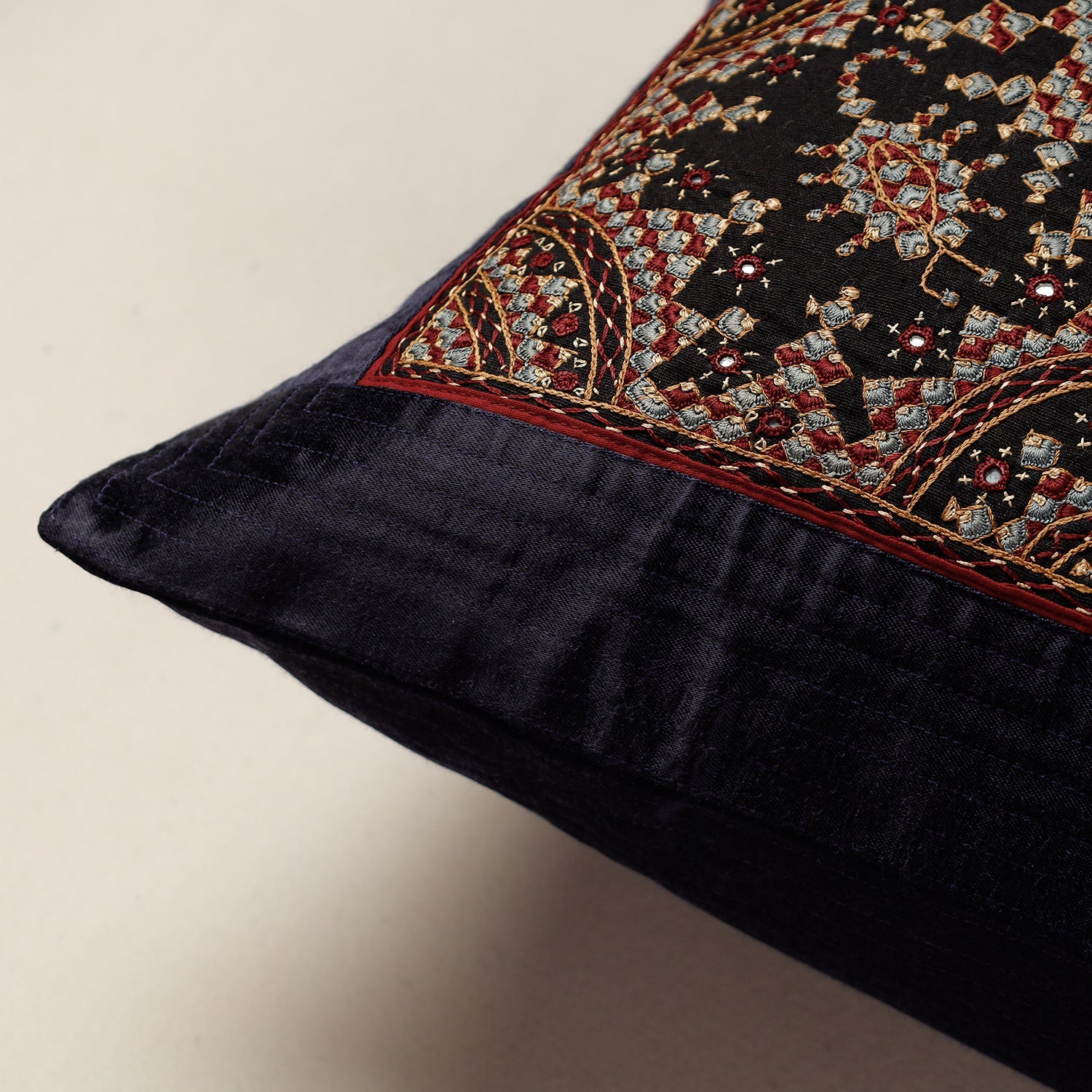 QASAB Black - Kutch Neran Hand Embroidery Mashru Silk Cushion Cover (16 x 16 in) - view 2