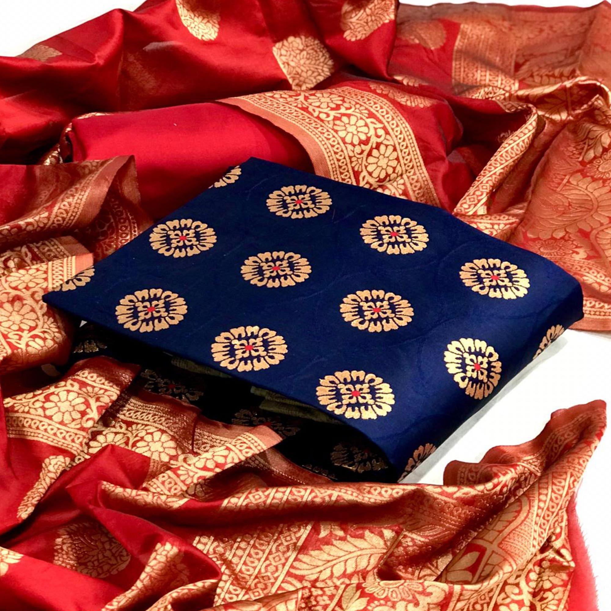 Peachmode Blue-Red Festive Wear Woven Banarasi Silk Dress Material