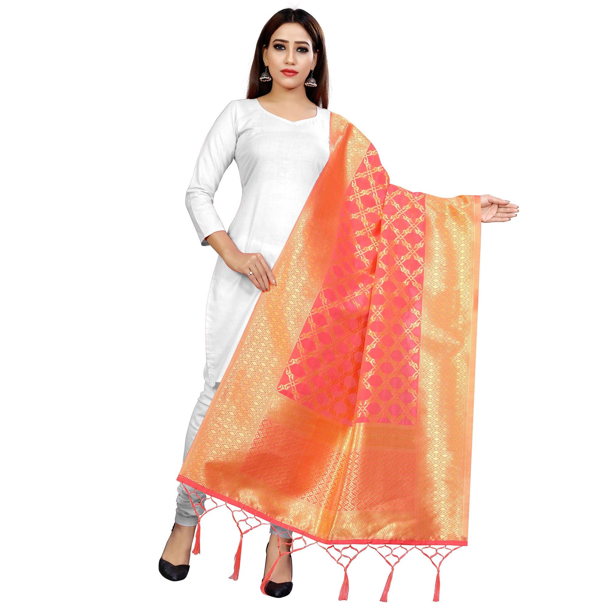 Peachmode Seller Lovely Peach Colored Festive Wear Banarasi Silk Dupatta