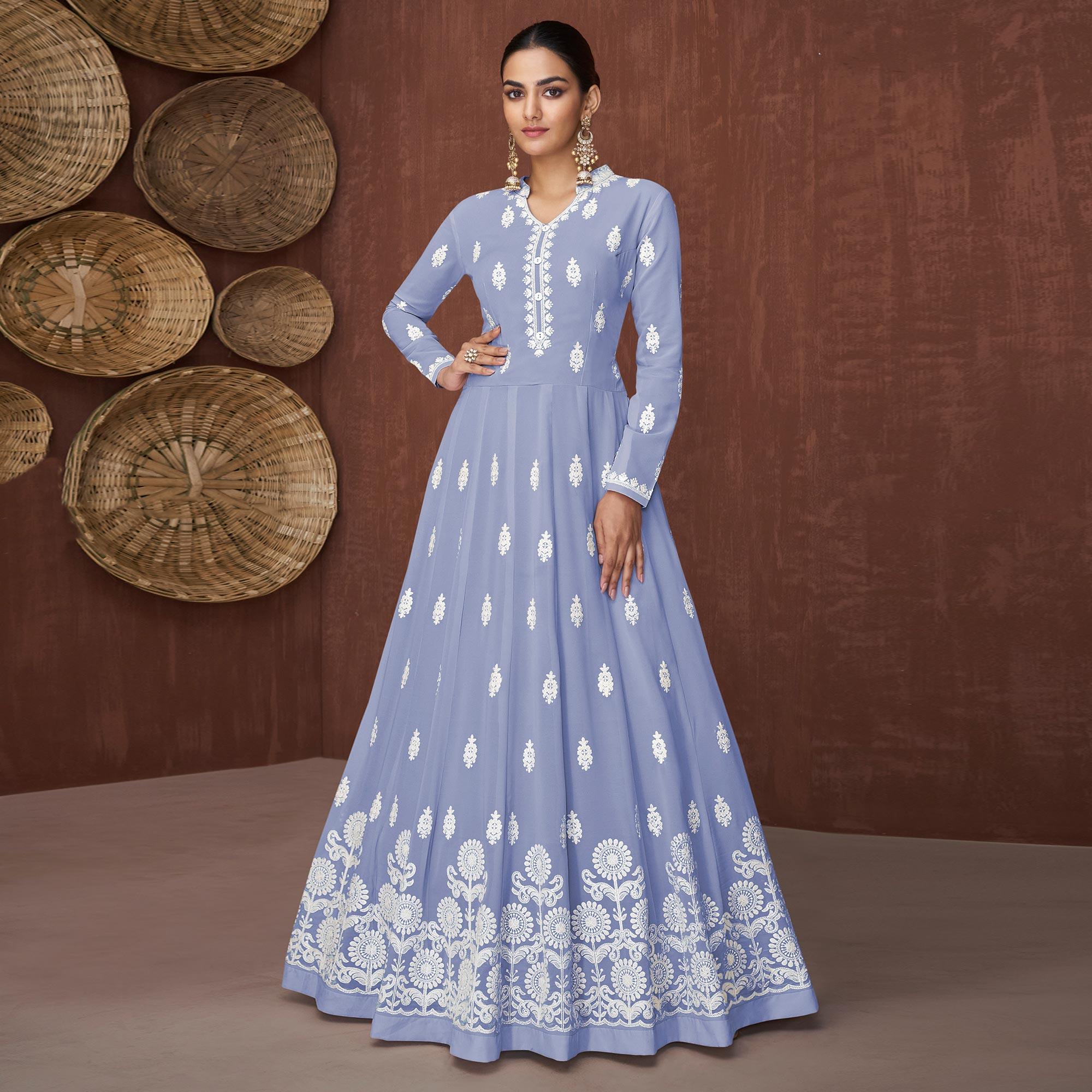 Peachmode Light Purple Lucknowi Embroidered Rayon Gown