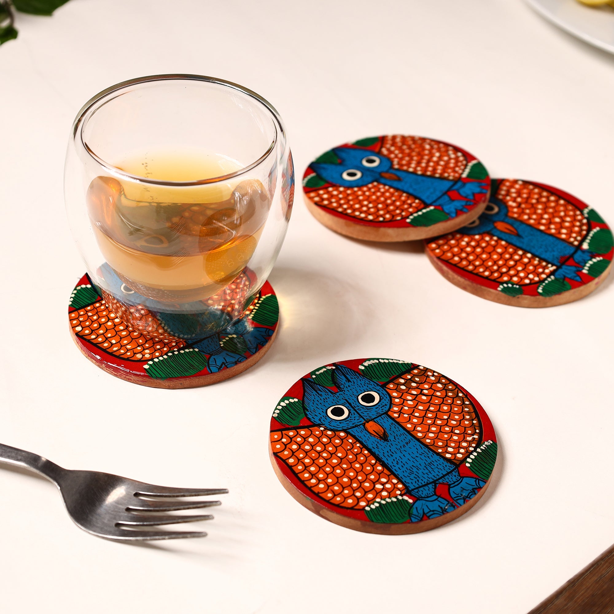 ITOKRI CRAFTS INITIATIVE Bengal Patua Handpainted Akashmoni Wooden Coasters (Set of 4) 04 - view 3