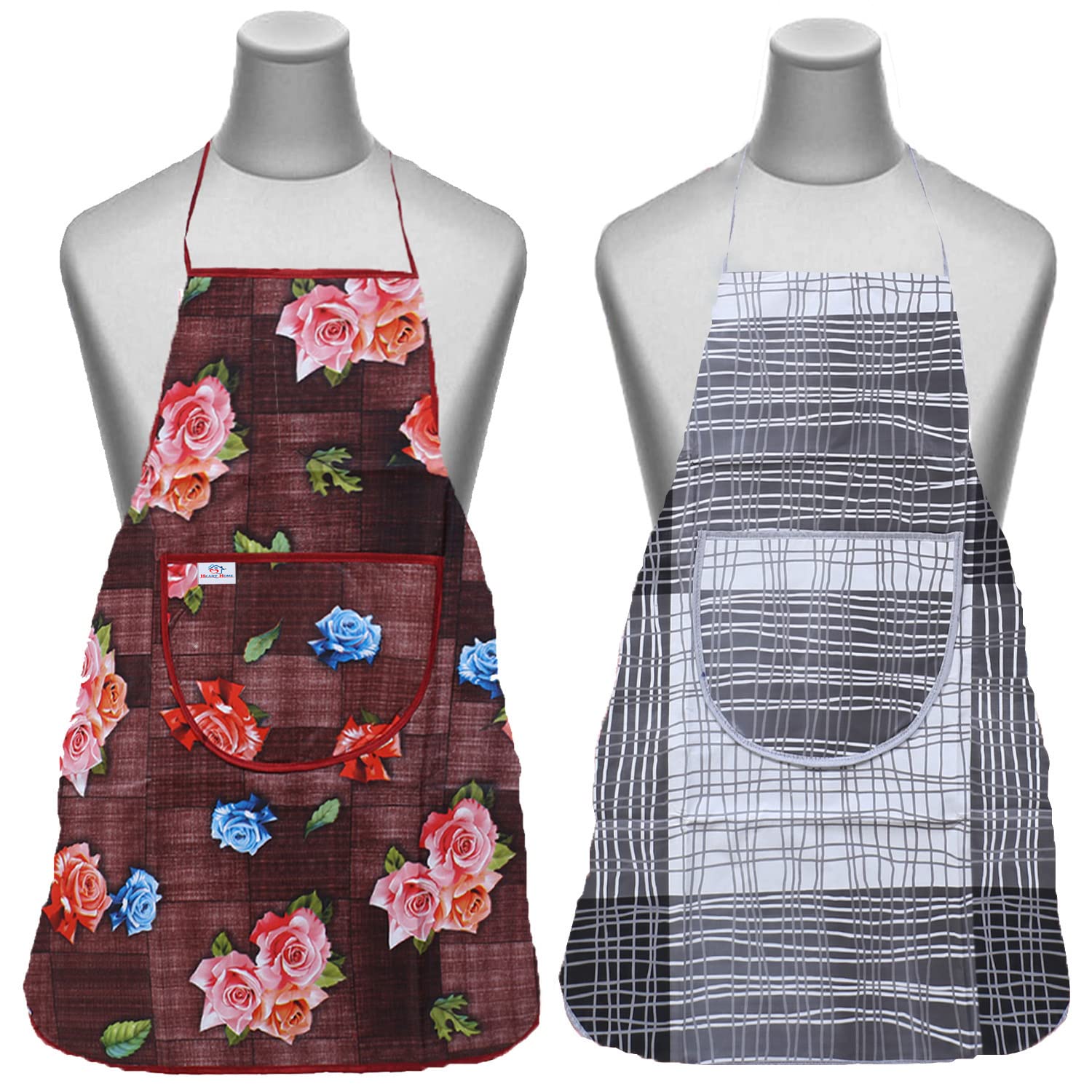 Heart Home Apron|PVC Unique Rose & Check Print Kitchen Chef Cloth|Waterproof Centre Pocket Apron With Tying Cord for Men & Women,Pack of 2 (Maroon & G