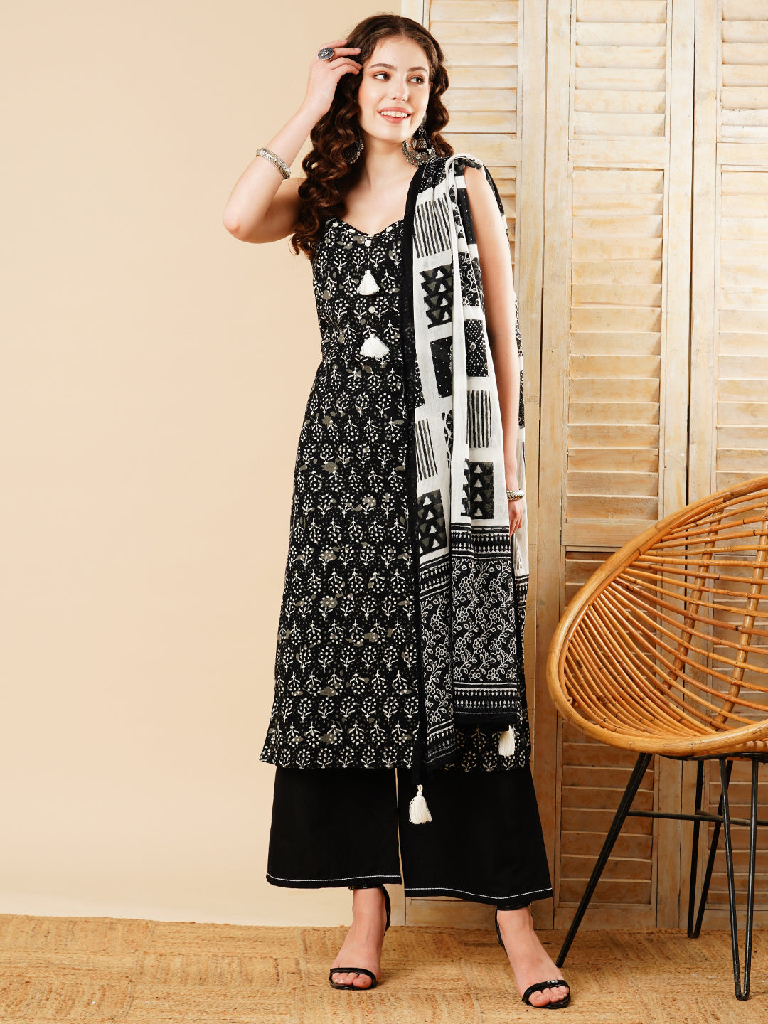 Fashor Ethnic Printed Straight Kurta with Palazzo & Pure Cotton Dupatta - Black - view 2