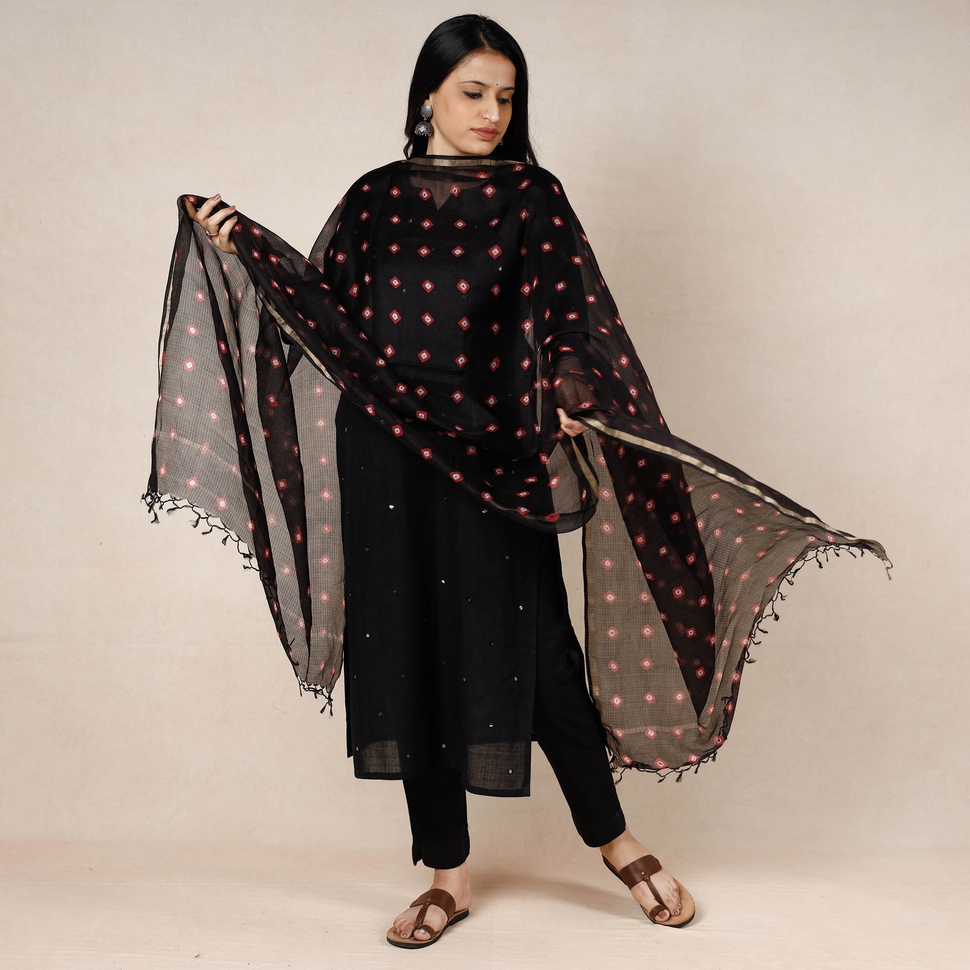 LEHARIYA BY BADSHAH MIYAN Black - Bandhani Tie-Dye Kota Doria Silk Dupatta with Tassels