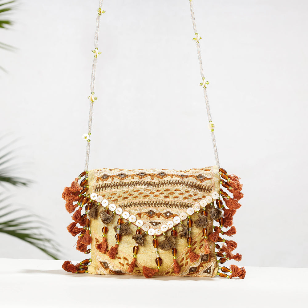 Beige - Kala Raksha Rabari Hand Embroidered Dupion Silk Sling Bag - view 2