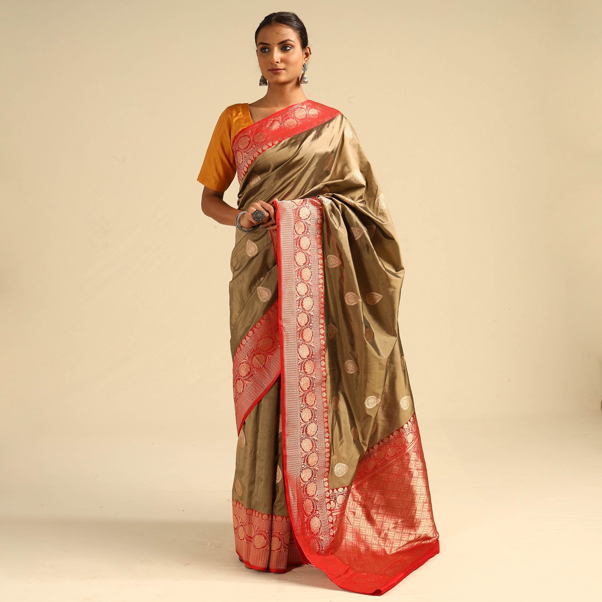 ITOKRI CRAFTS INITIATIVE Brown - Banarasi Handloom Pure Katan Silk Kaduwa Zari Buti Saree