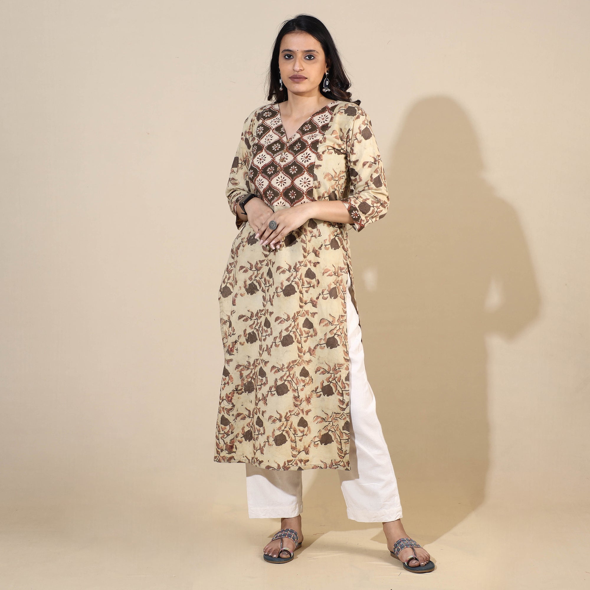 ITOKRI CASUALS Beige - Bagru Hand Block Printed Cotton Long Kurta - view 2