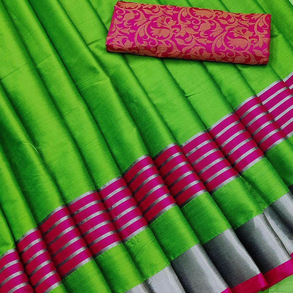 Peachmode Captivating Parrot Green Coloured Casual Wear Zari Border Cotton Saree - view 2