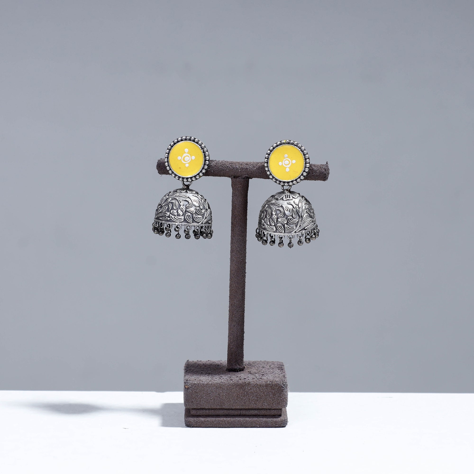 WHITE RIVER STORIES Antique Silver Finish Oxidised Brass Base Enamel Work Jhumki Earrings