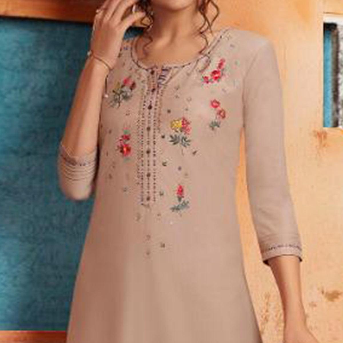Peachmode Mesmerising Beige Colored Partywear Embroidered Pure Muslin-Silk Kurti-Palazzo Set - view 3