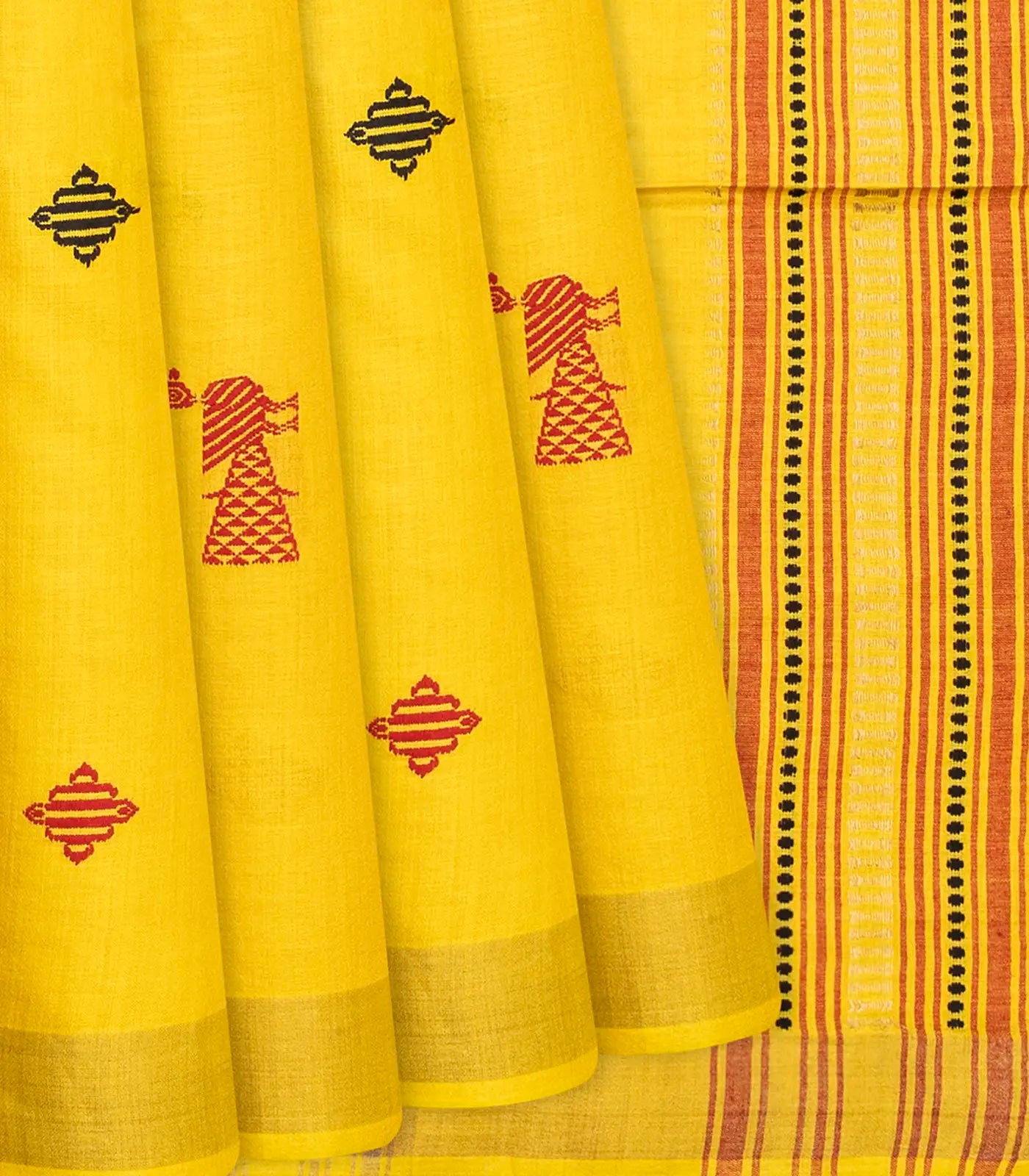 RmKV Yellow Handwoven Tussar Silk Saree With Diamond Motifs-Yellow