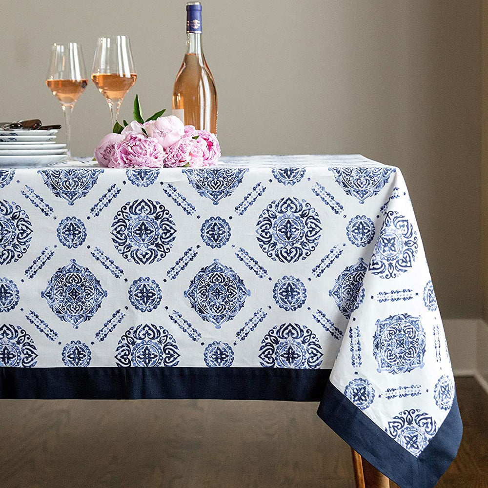 Sicilia anti skid – Urban Space Home Furnishing Sicilia : Anti Skid & Water resistant Linen textured Premium table cover for dining table - Blue Border