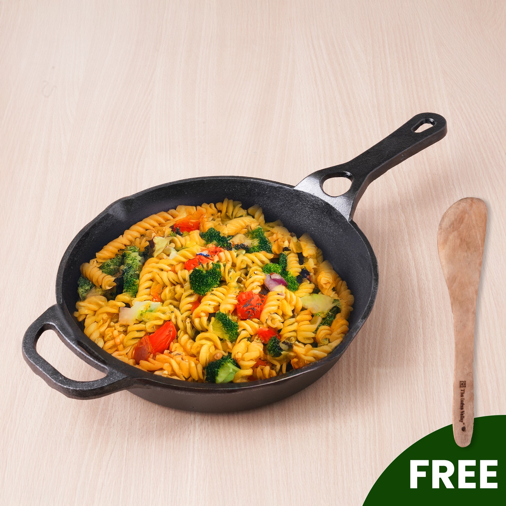 The Indus Valley CASTrong Cast Iron Fry Pan/Skillet + Free ₹110 Spatula, Pre-seasoned, Nonstick, 100% Pure, Toxin-free, Induction, 25.4cm, 1.7L, 2.3kg