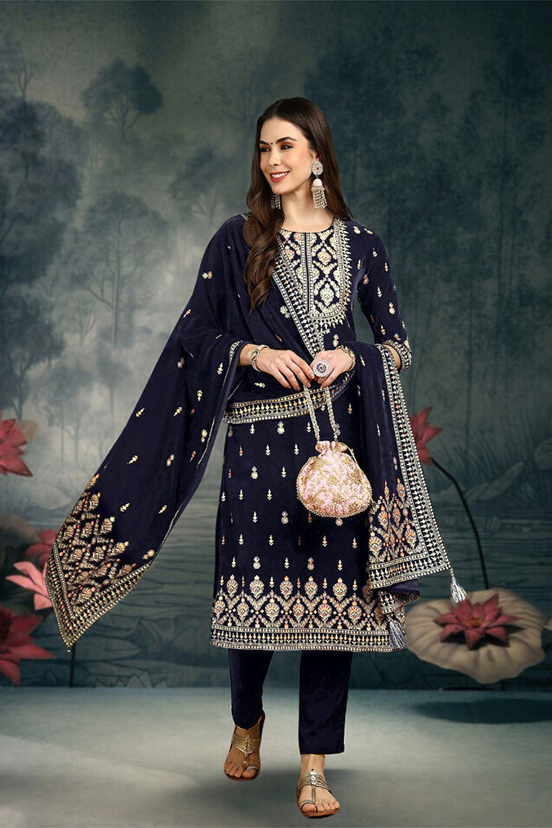 Ahika Navy Blue Velvet Ethnic Motifs Printed Straight Suit Set PKSKD2771