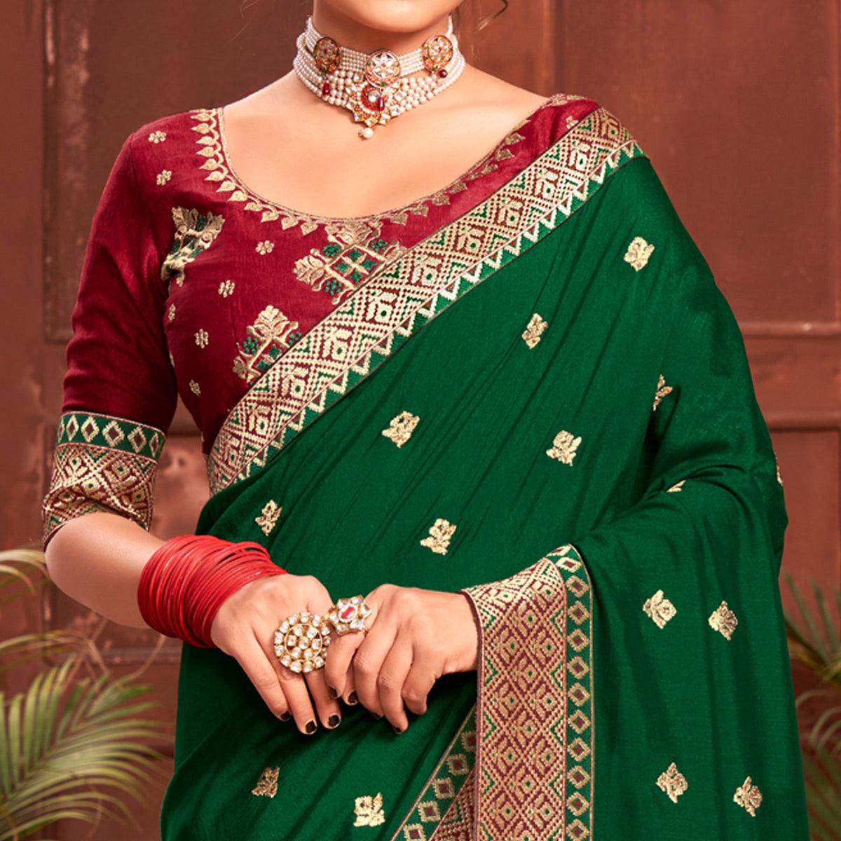 Peachmode Bottle Green Embroidered With Embellished Vichitra Silk Saree - view 3