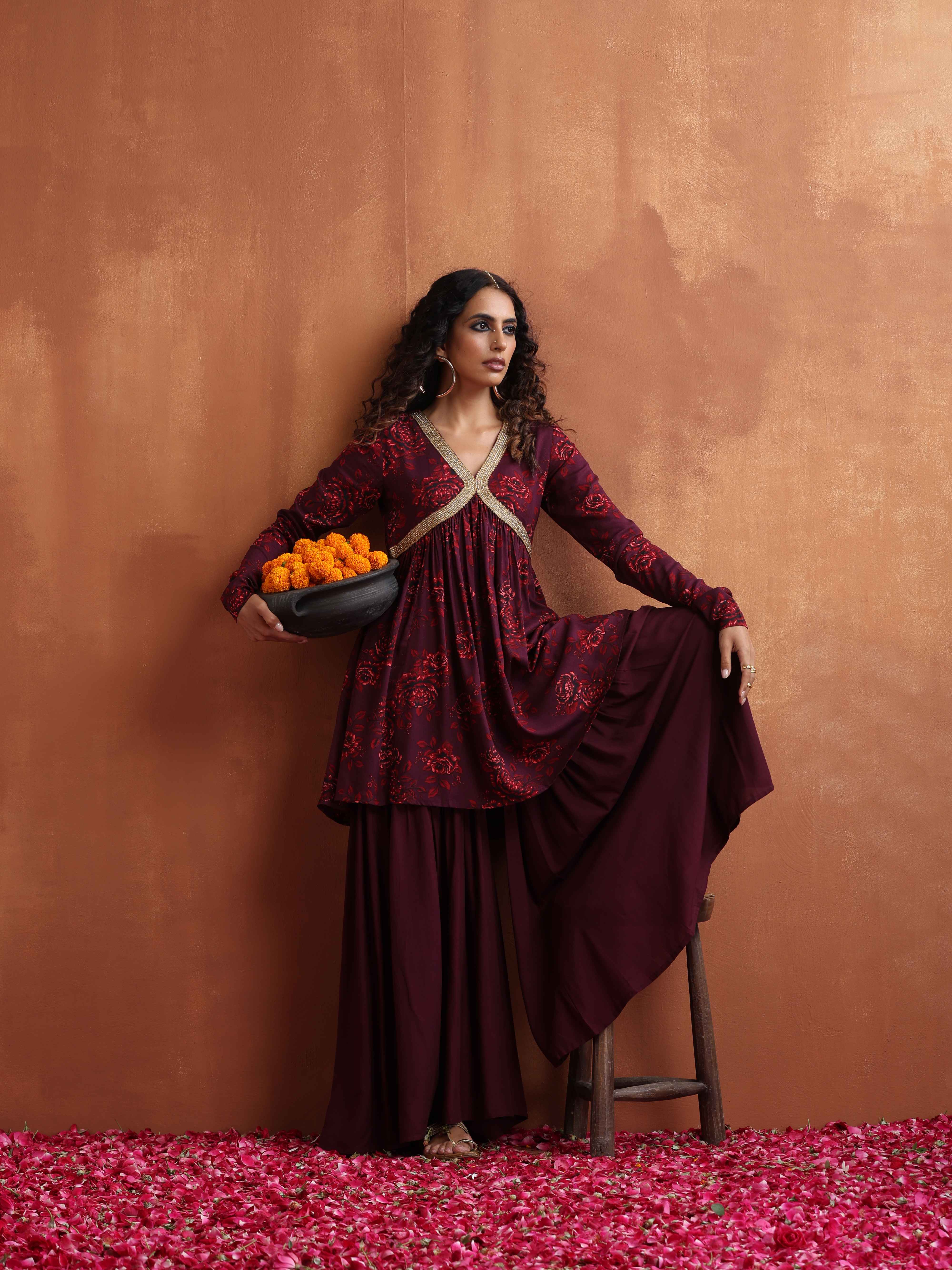 trueBrowns Purple Floral Print Sharara Set - view 8