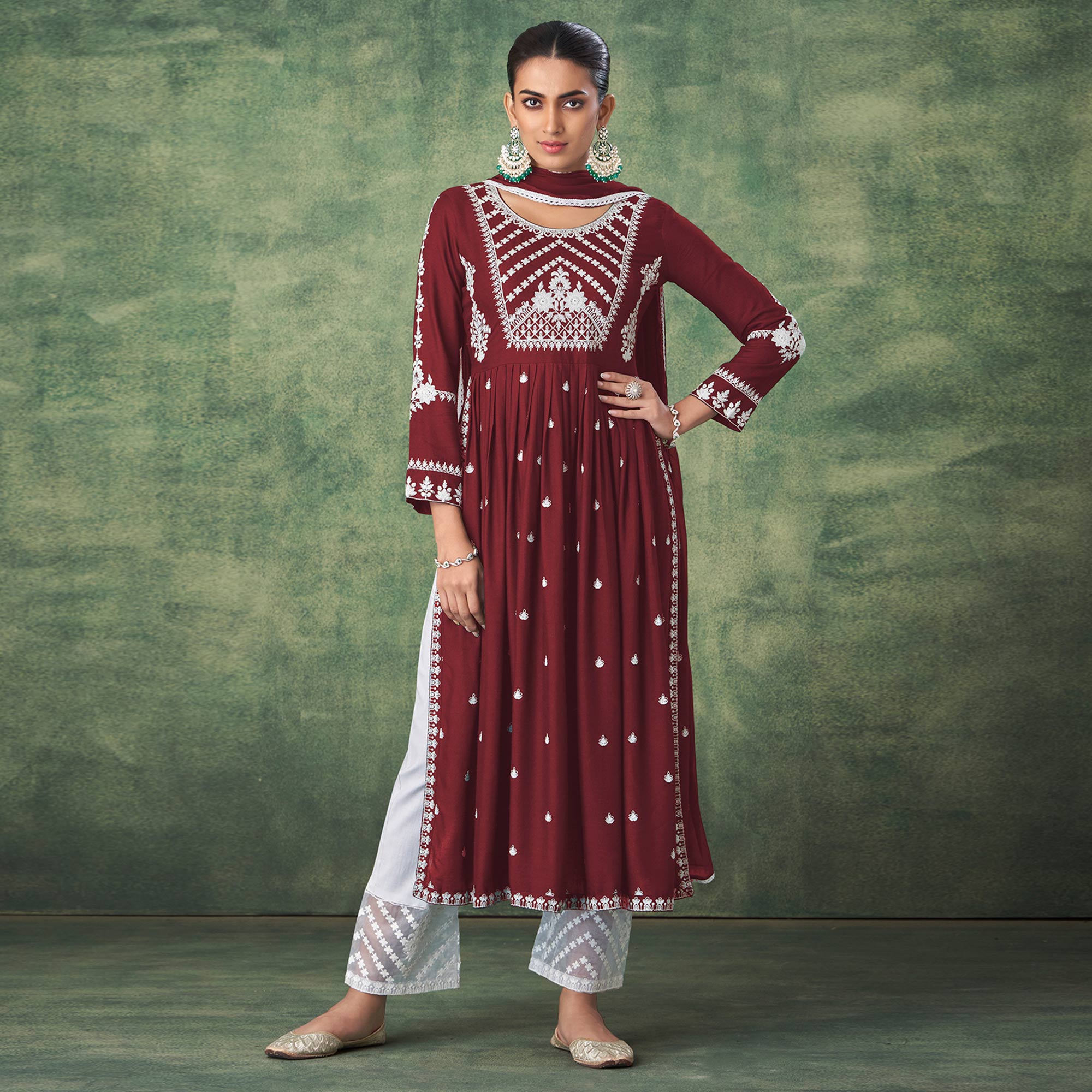 Peachmode Maroon Lucknowi Work Rayon Naira Cut Palazzo Suit