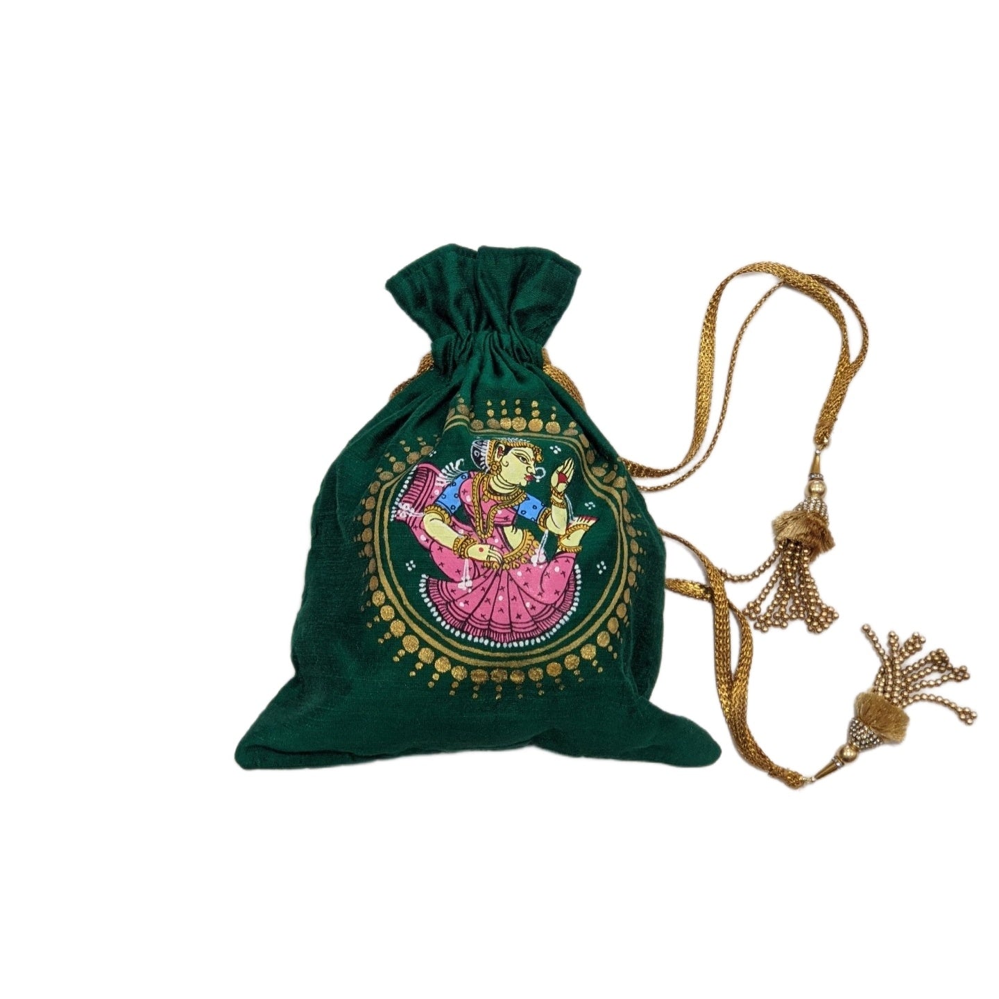 IndianVillèz Green Hand-Painted Nartaki Pattachitra Potli Bag