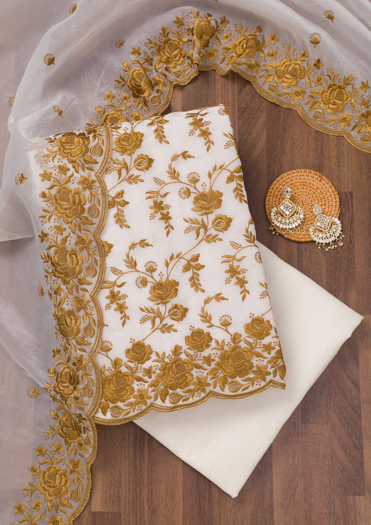Koskii White Threadwork Tissue Unstitched Salwar Suit