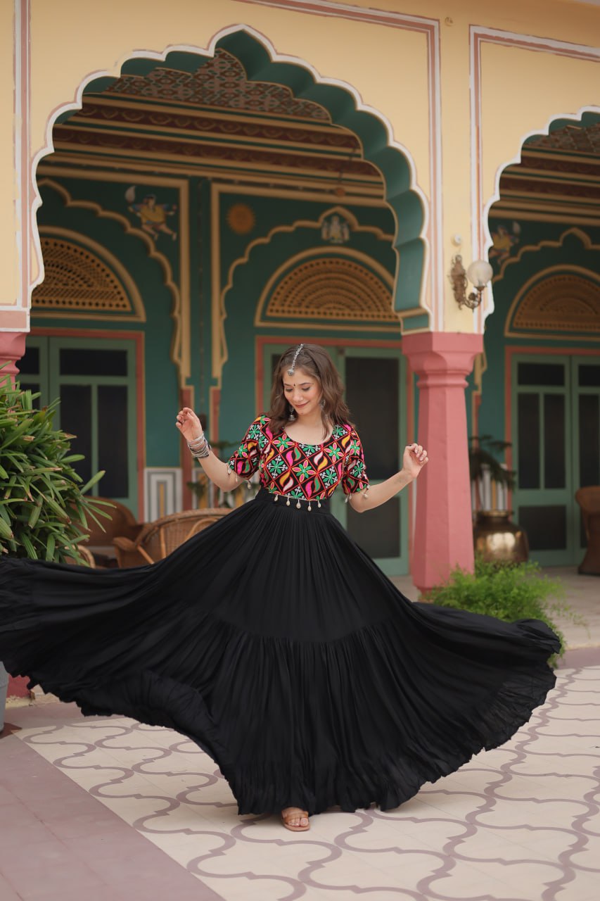 ClothsVilla Black Designer Rayon Gown with Kutchi Gamthi Kodi Work and 3-Layer Gathering Stitch - view 5