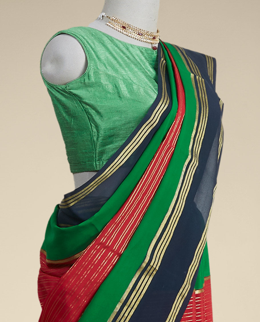 Pothys Pink striped mysore silk saree with contrast striped border