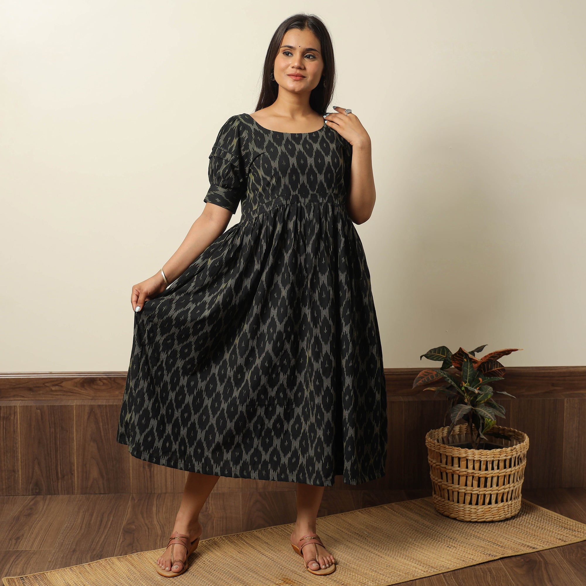 ITOKRI CASUALS Black - Pochampally Ikat Weave Cotton Flared Dress 16