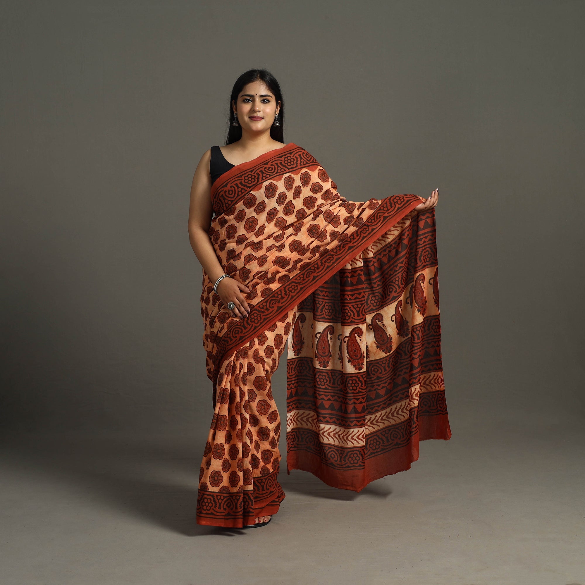 ARTISAN HAND BLOCK PRINTS Brown - Bagru Ajrakh Block Printed Mul Cotton Saree - view 2
