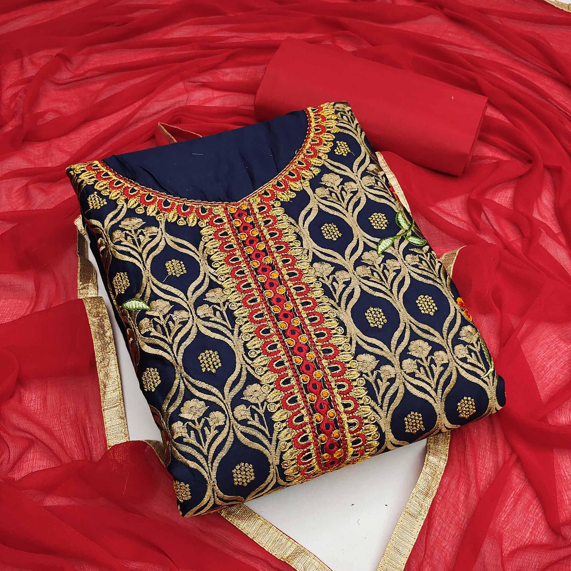 Peachmode Dark Navy Blue Festive Wear Floral Embroidered Cotton Dress Material