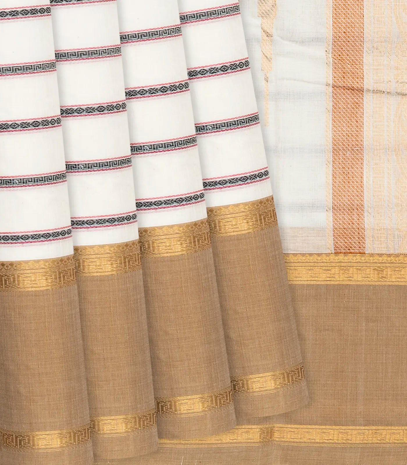 RmKV White Handloom Kanchi Cotton Saree With Stripes-White