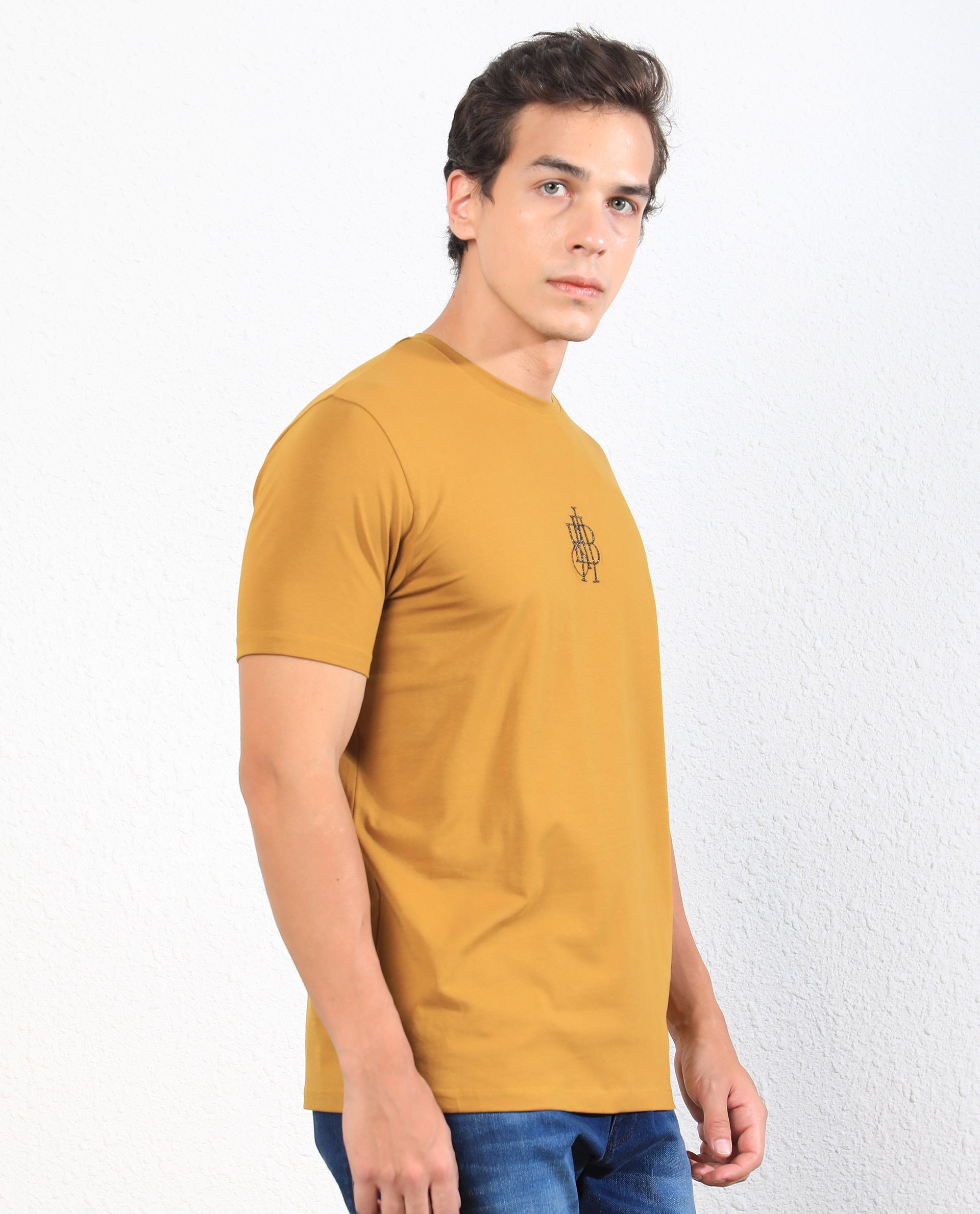 Rare Rabbit Men's Ware Mustard Cotton Lycra Fabric Crew Neck Half Sleeves Regular Fit Embroidered Monogram T-Shirt - view 7