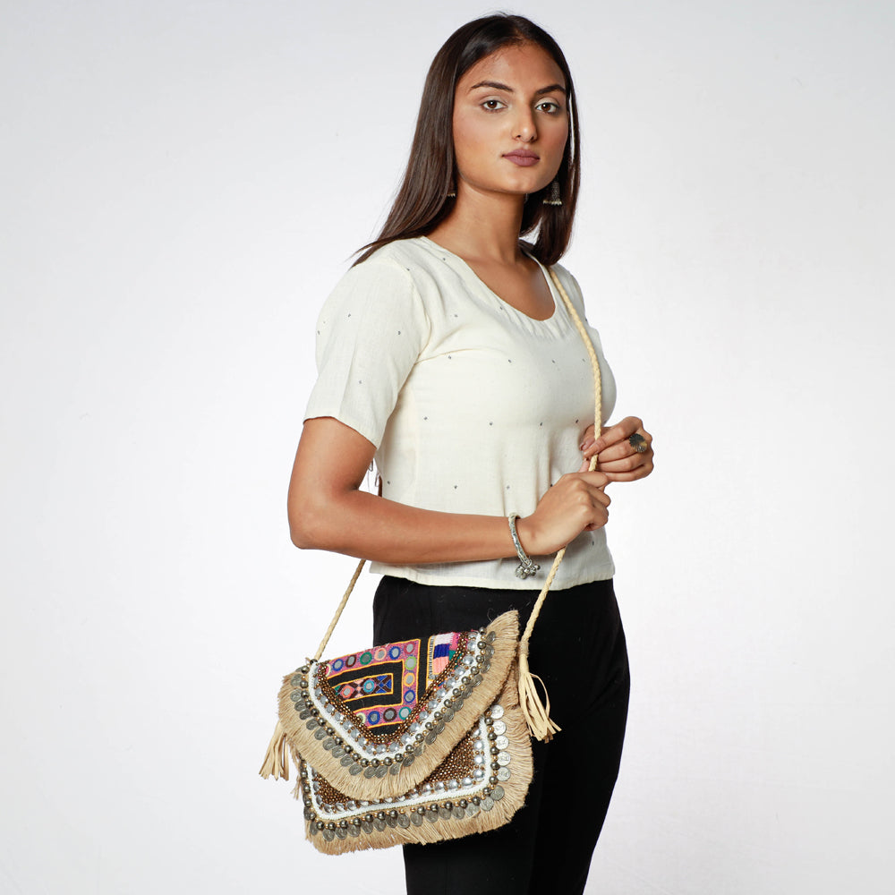 KACHCHH JI CHHAAP Beige - Banjara Vintage Embroidery Mirror, Bead & Coin Work Sling Bag