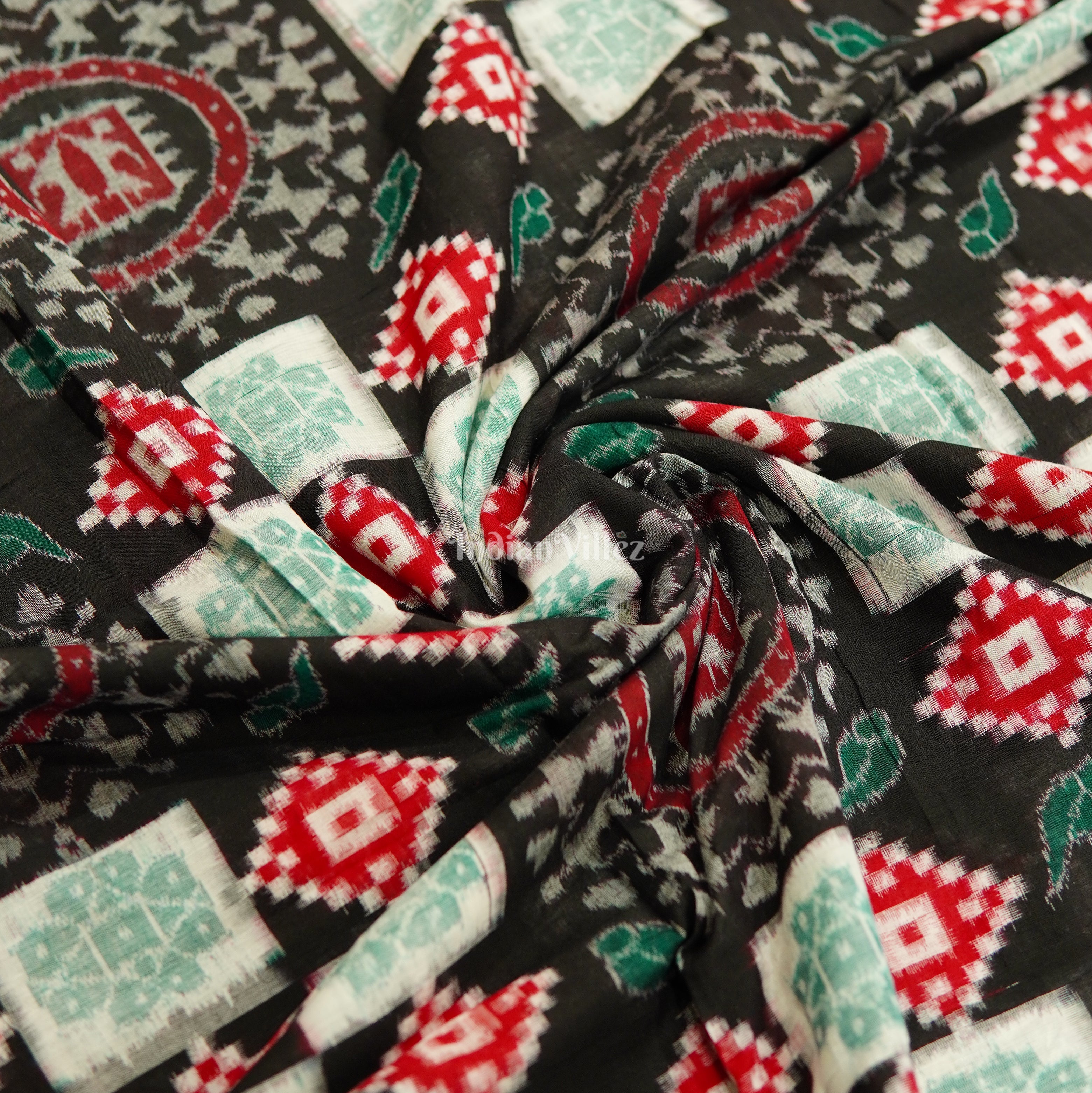 IndianVillèz Black With Red Pasapalli Motif Sambalpuri Ikat Cotton Fabric