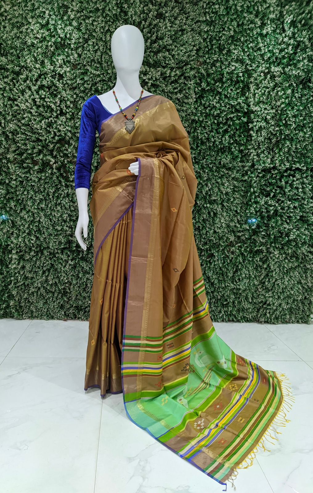 IndianVillèz Khaki With Parrot Green Handwoven South Soft Silk Saree