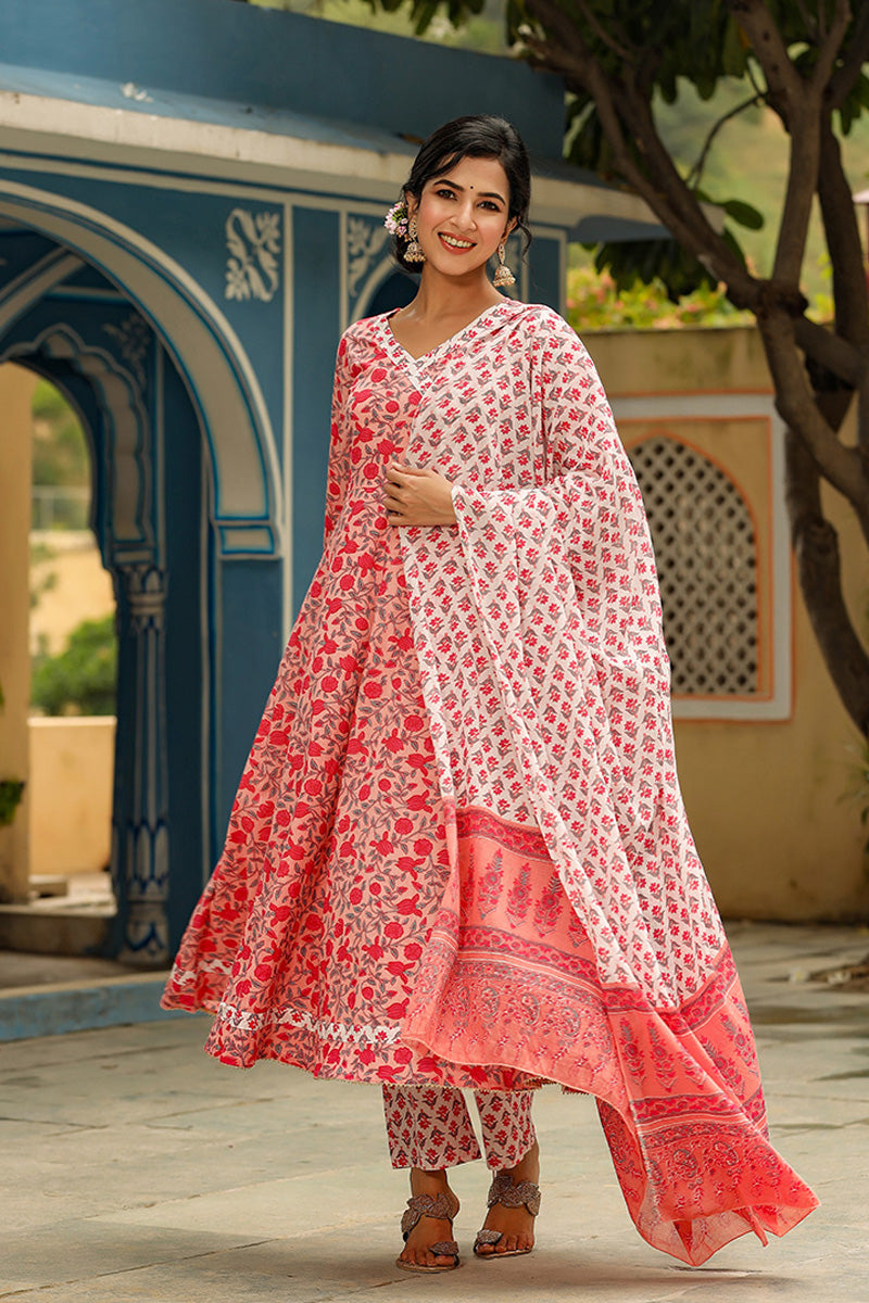 Ahika Pink Cotton Anarkali Suit Set VKSKD1137