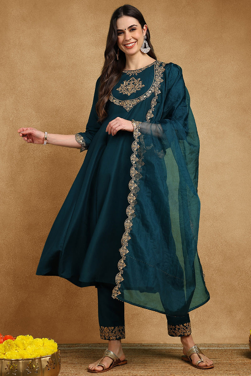 Ahika Teal Blue Silk Blend Solid Embroidered Anarkali Suit Set PKSKD2735