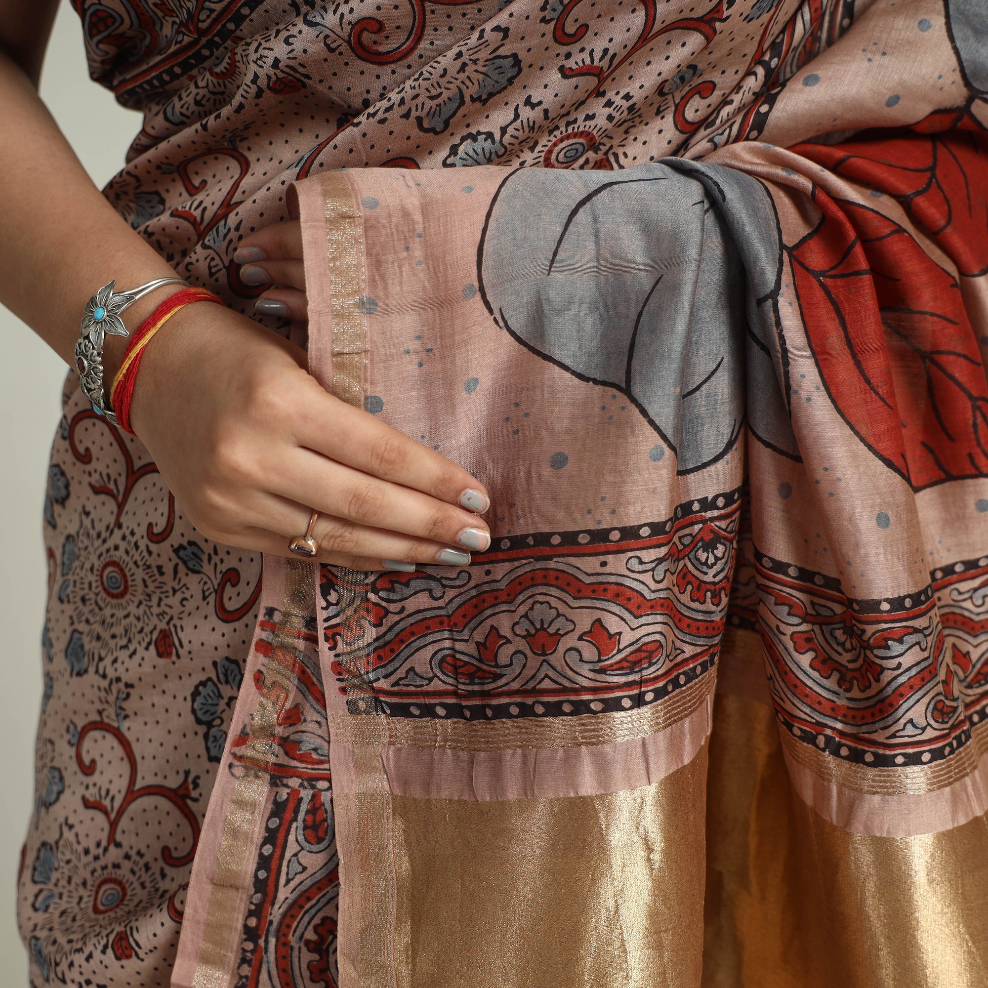 AJRAKH BY JABBAR KHATRI Brown - Chanderi Silk Block Printed Ajrakh Saree 07 - view 4