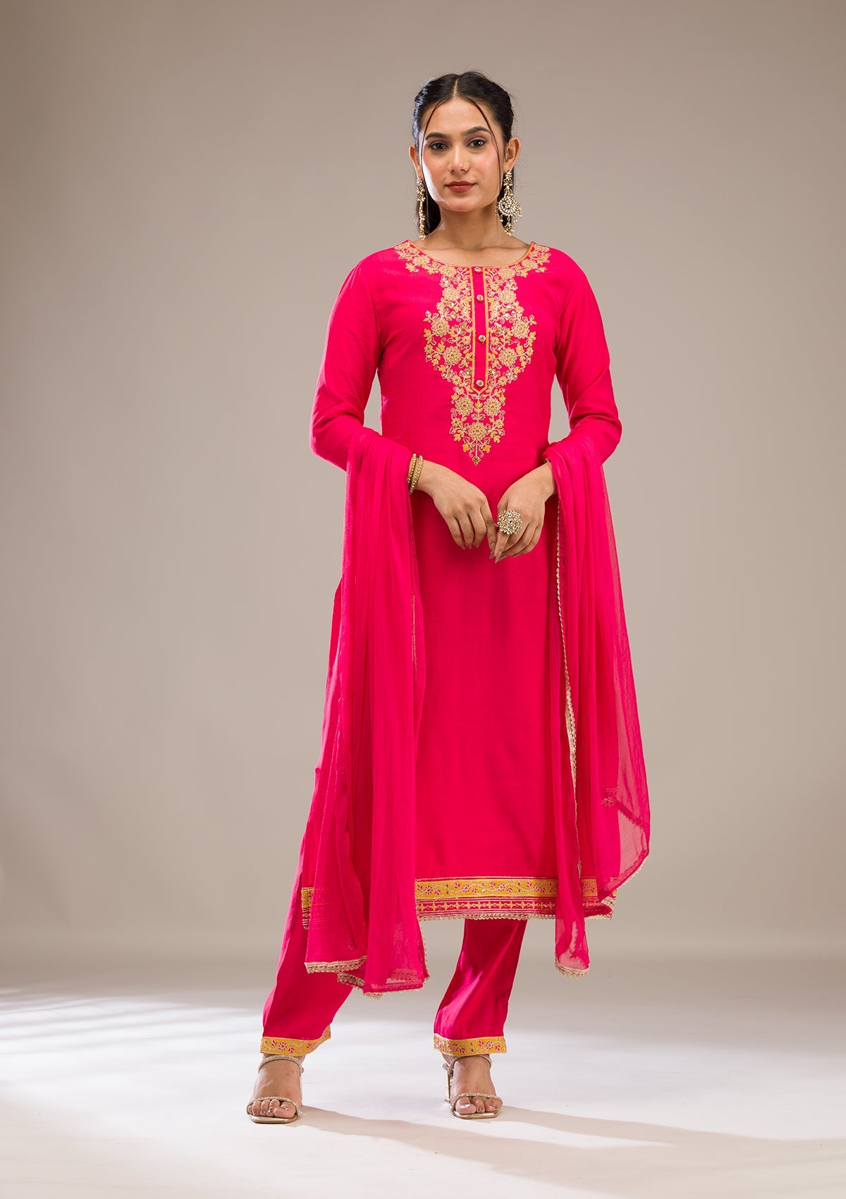 Koskii Rani Pink Zariwork Chiffon Readymade Salwar Suit